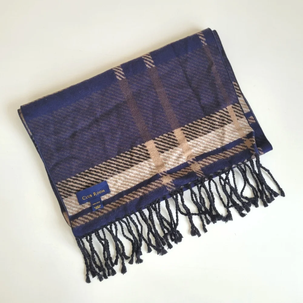 100% Silk Club Room Plaid Scarf Blue Tan w Fringe